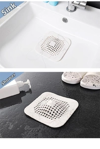 White silicone hair catcher shown in sink and shower drain scenarios for effective filtering