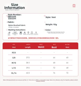 Size information and fabric details for women's yoga set vest with wash instructions