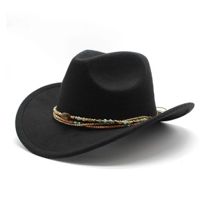 Black wool felt western cowboy hat with ethnic beaded bands and rolled brim on white background