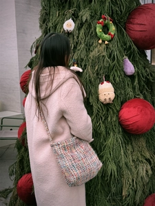 Detailed close-up of a colorful woven tweed shoulder bag with festive tree background
