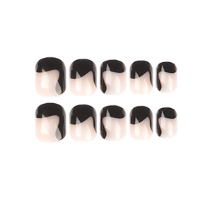 Glossy black and white geometric wave press-on nails set in short square shape