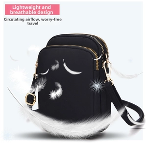 Close-up of lightweight black nylon crossbody phone bag with three zipper pockets