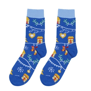 Festive blue Christmas crew socks with winter knit patterns and JOY holiday lettering