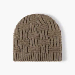 Unisex basket-weave knit beanie with warm fleece lining in deep khaki brown finish