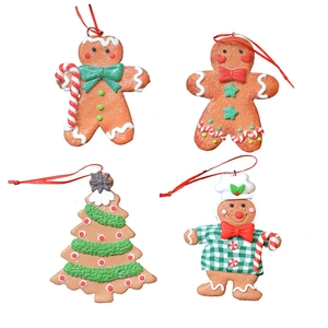 Christmas tree ornaments set featuring gingerbread man and tree clay pendants