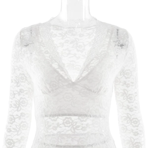 Détails de dentelle florale blanche sur robe à col en V avec manches longues et résille