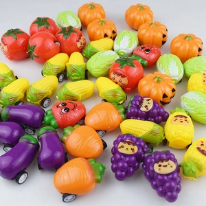 Pull-back toy cars featuring cute cartoon fruit and vegetable shapes for children