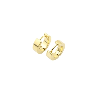 Detailed view of polished golden stainless steel hoop earrings on a clean white background