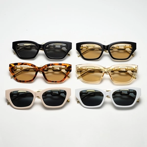 Stylish cat-eye sunglasses with thick frames and decorative metal chain on the temples