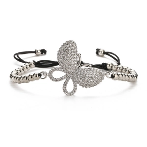 Adjustable silver butterfly bracelet with micro-pave cubic zirconia on black cord