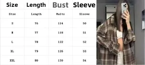 Size chart table for oversized plaid shirt jacket showing S to XXL measurements
