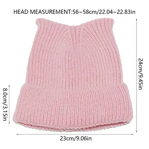 Detailed size chart for pink cat ear knitted beanie with head circumference measurements