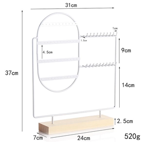 Detailed dimensions of white metal jewelry stand with solid wood base and earring hooks
