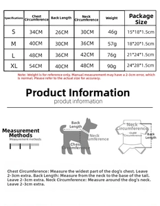 Detailed size chart for dog and cat harness with chest and back length measurements
