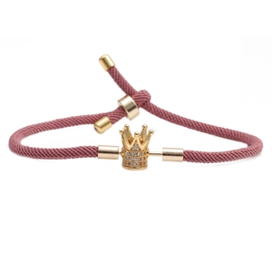Bracelet ajustable en corde de Milan rouge avec breloque couronne en or rose et zircon