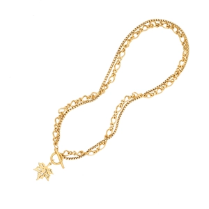 Golden stainless steel maple leaf necklace set with double chain and toggle clasp