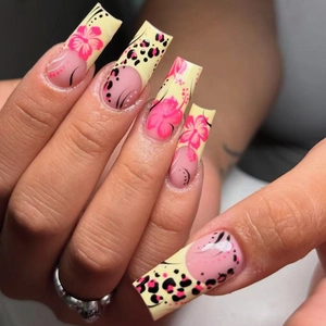 Square Press On Nails ABS Plastic French Style Leopard Print Floral Pattern Medium Long Artificial Nails With Jelly Glue