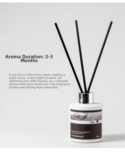 Detail of 120ml minimalist white reed diffuser with silver cap and black fiber sticks