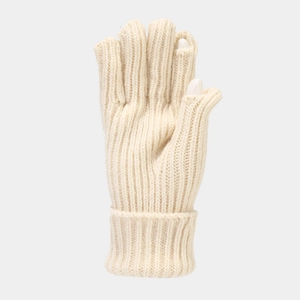 Detail of cream white ribbed knit gloves with thick yarn texture and folded cuffs