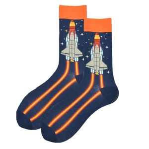 Deep blue crew socks with space shuttle launch pattern and orange contrast ribbing