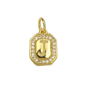 Close-up of golden letter J pendant in octagonal shape with sparkling cubic zirconia