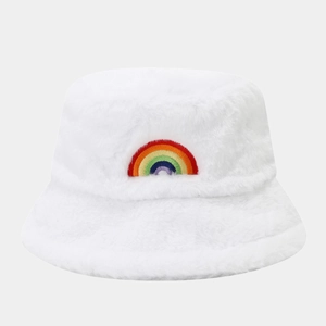 Plush white bucket hat for women with colorful rainbow embroidery for winter warmth