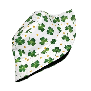 Close-up of white St. Patrick's Day bucket hat with green shamrocks and gold glitter dots