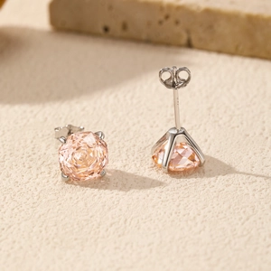 S925 sterling silver stud earrings with round sunset pink stones and rose cut finish