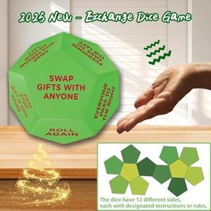 Detailed view of green 12-sided dice with specific party game exchange instructions