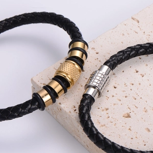 Men's braided leather bracelet with magnetic stainless steel clasps in gold and silver