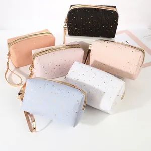 Cosmetic Makeup Bag Portable Travel Wash Pouch Polyester Gold Stamping Star Pattern Zipper Closure With Wristlet Strap