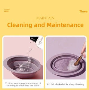 Deep cleaning steps using purple silicone makeup brush cleaner bowl with textured surface
