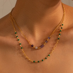 Detail of layered 18K gold plated stainless steel necklace with green turquoise beads