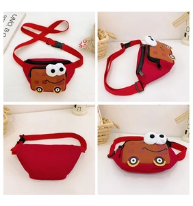 Detailed four-way view of a red cartoon car nylon crossbody bag for children