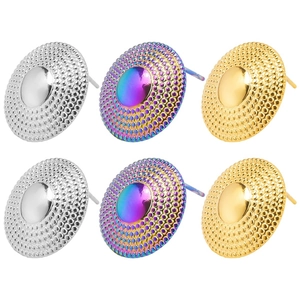 Close-up of 304 stainless steel round earrings in silver, gold, and iridescent finishes