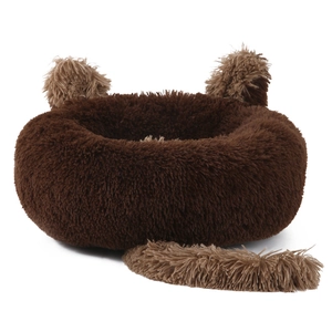 Plush brown bear-shaped pet bed with cute ears and tail for warm winter sleeping