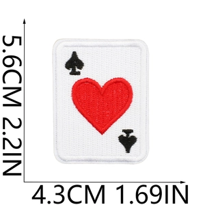 Detailed size chart of the poker heart embroidery patch showing 5.6cm height and 4.3cm width