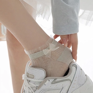 Breathable lace ankle socks with mesh bow and wave trim for women in apricot color