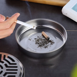 Stainless steel round ashtray with a modern silver finish for home and office use