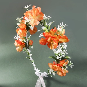 Bohemian orange floral headband with white ribbons for weddings and photography