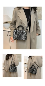 Three-view shots of a leopard print handbag with leather straps and a gold bell charm