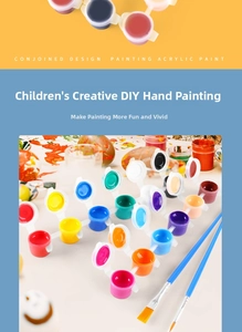Detail of 12-color acrylic paint set in linked pots with two art brushes for DIY crafts