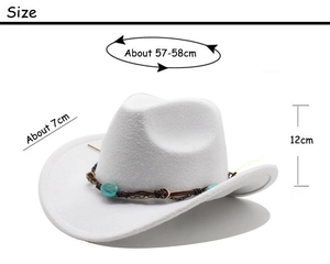 Detailed size specifications for white felt cowboy hat with turquoise gemstone band