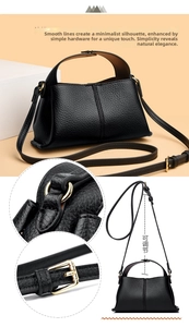 Detail of black lychee grain leather handbag featuring gold hardware and adjustable strap
