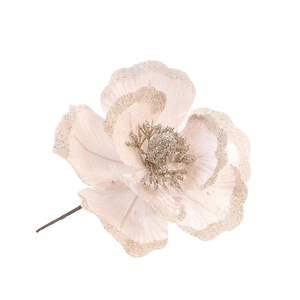 Champagne pink fabric magnolia flower with gold glitter edges for Christmas decor