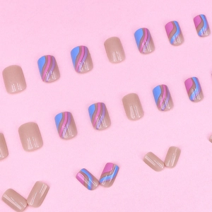 Short square press-on nails with wave patterns and solid nude tones on pink background