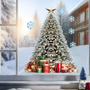 Christmas tree window stickers with blue snowflakes and colorful gift boxes for home decoration
