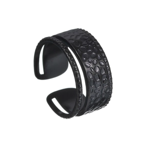 Detailed view of black double-layered open ring with unique hammered bubble texture detail