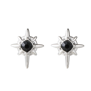 Macro view of silver starburst earrings with black stone inlay and polished finish