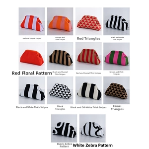 Collage of knitted striped cloud clutch bags in various colors and geometric patterns